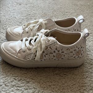 Yellow Box Off White Leather and Crochet Sneakers